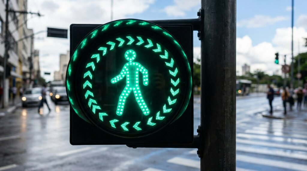 O semáforo com setas verdes ao redor do pedestre que está mudando a travessia nas ruas