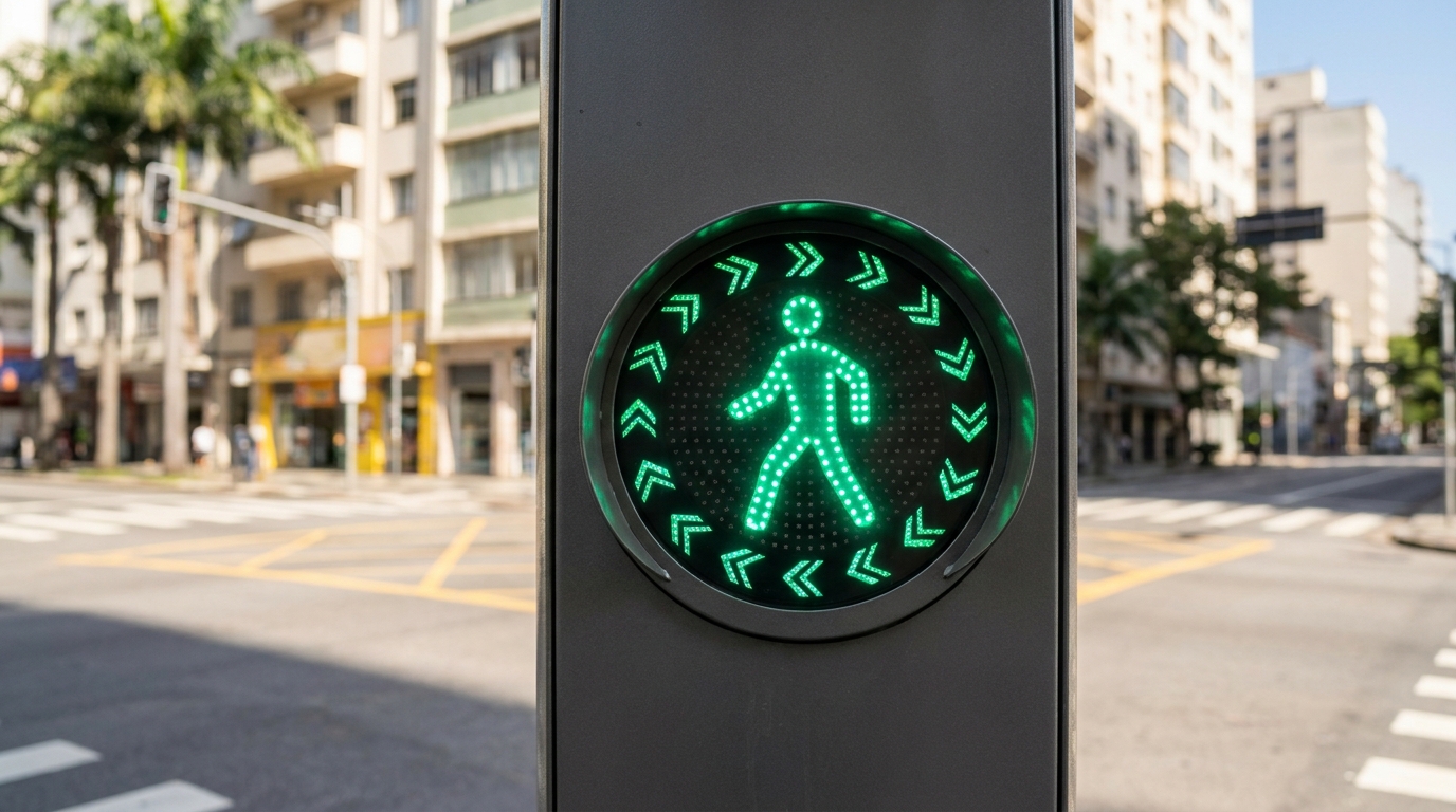 O semáforo com setas verdes ao redor do pedestre que está mudando a travessia nas ruas