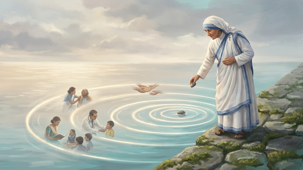 Pensamento de Madre Teresa: “Sozinha não posso mudar o mundo, mas posso lançar uma pedra sobre as águas e criar muitas ondas.” Uma mensagem sobre como uma pequena atitude pode chegar muito mais longe