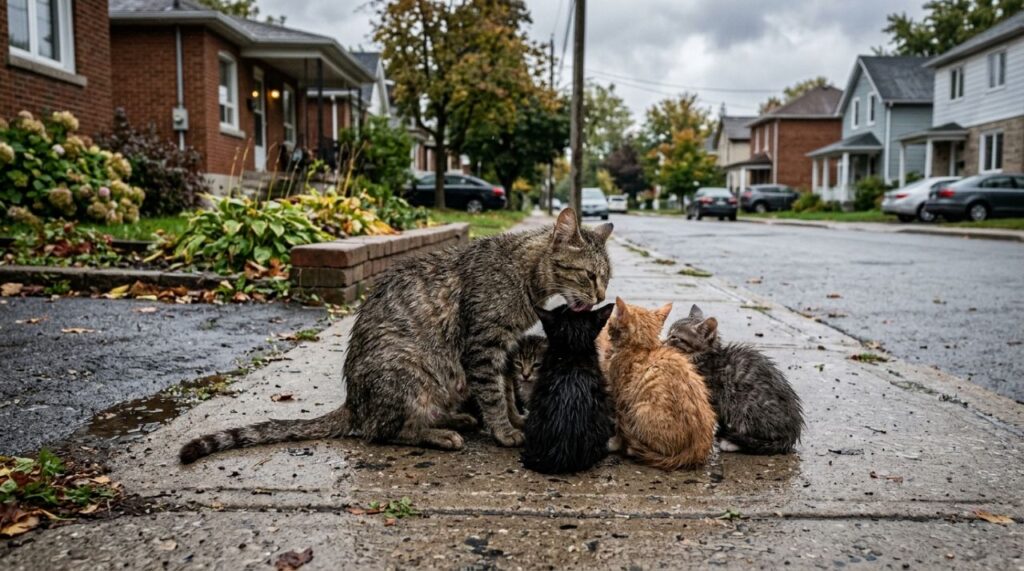 Gatinhos abandonados na chuva têm reencontro emocionante com a mãe
