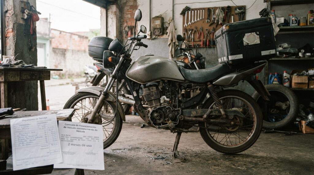 Motoboy compra moto usada por R$ 18 mil, financia em 48 vezes com parcela de R$ 620, e no segundo mês o câmbio trava no farol, o conserto de R$ 4.200 supera dois meses de trabalho e ele precisa escolher entre pagar a oficina ou a parcela