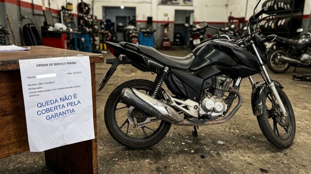 Entregador compra moto 160cc zero financiada em 48 parcelas de R$ 580, freio traseiro trava aos 11 dias e ele cai com o baú cheio de entregas, moto riscada, mercadoria perdida e concessionária diz que "queda não é coberta pela garantia"