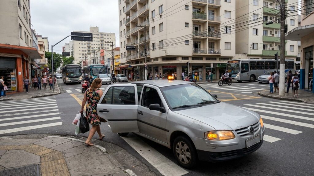 Motorista dá uma “paradinha” na esquina para desembarque rápido, mas regra de trânsito quase imperceptível acaba iniciando discussão e multa