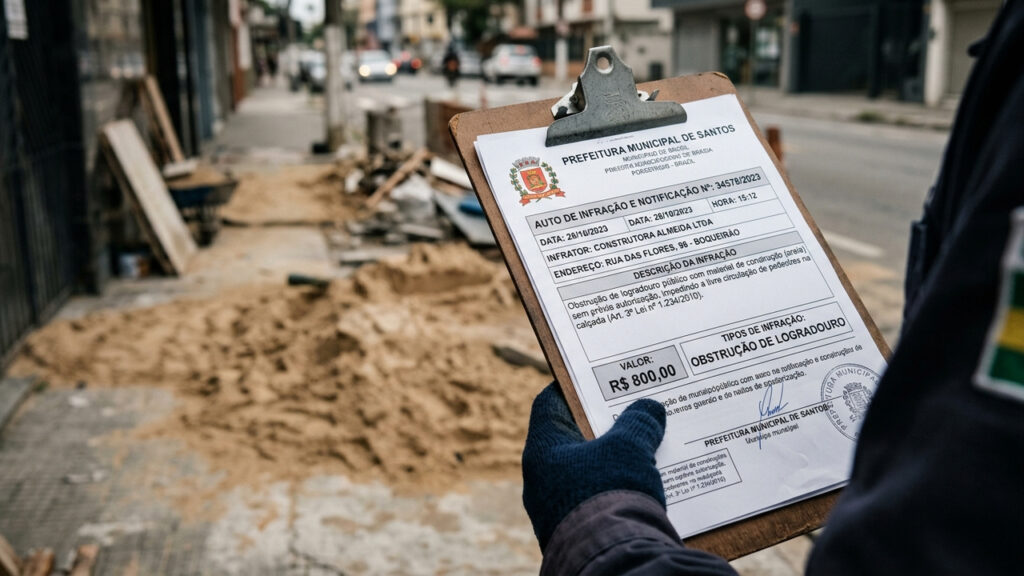 Proprietário empilha sacos de areia na calçada por 3 dias para pequena reforma e fiscal de prefeitura aplica autuação pesada de R$ 800 reais