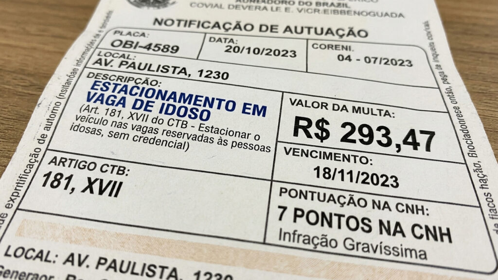 Motorista para na vaga de idoso em comércio privado por minutos e recebe multa de R$ 293 reais além de perder 7 pontos na carteira de motorista
