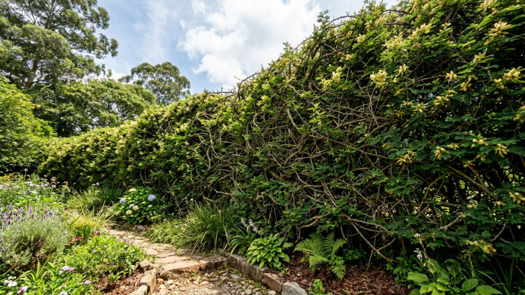 Essa cerca-viva cresce em formato de escultura natural e funciona como uma barreira verde para bloquear o barulho e a poeira que vêm da rua