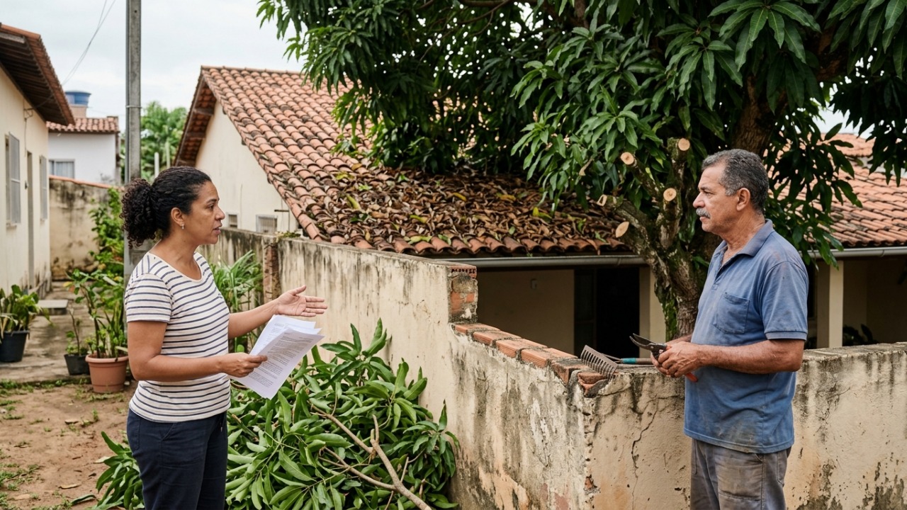 Moradora encontra galhos da árvore do vizinho sobre o telhado, decide podar tudo e acaba iniciando uma discussão sobre os limites do terreno