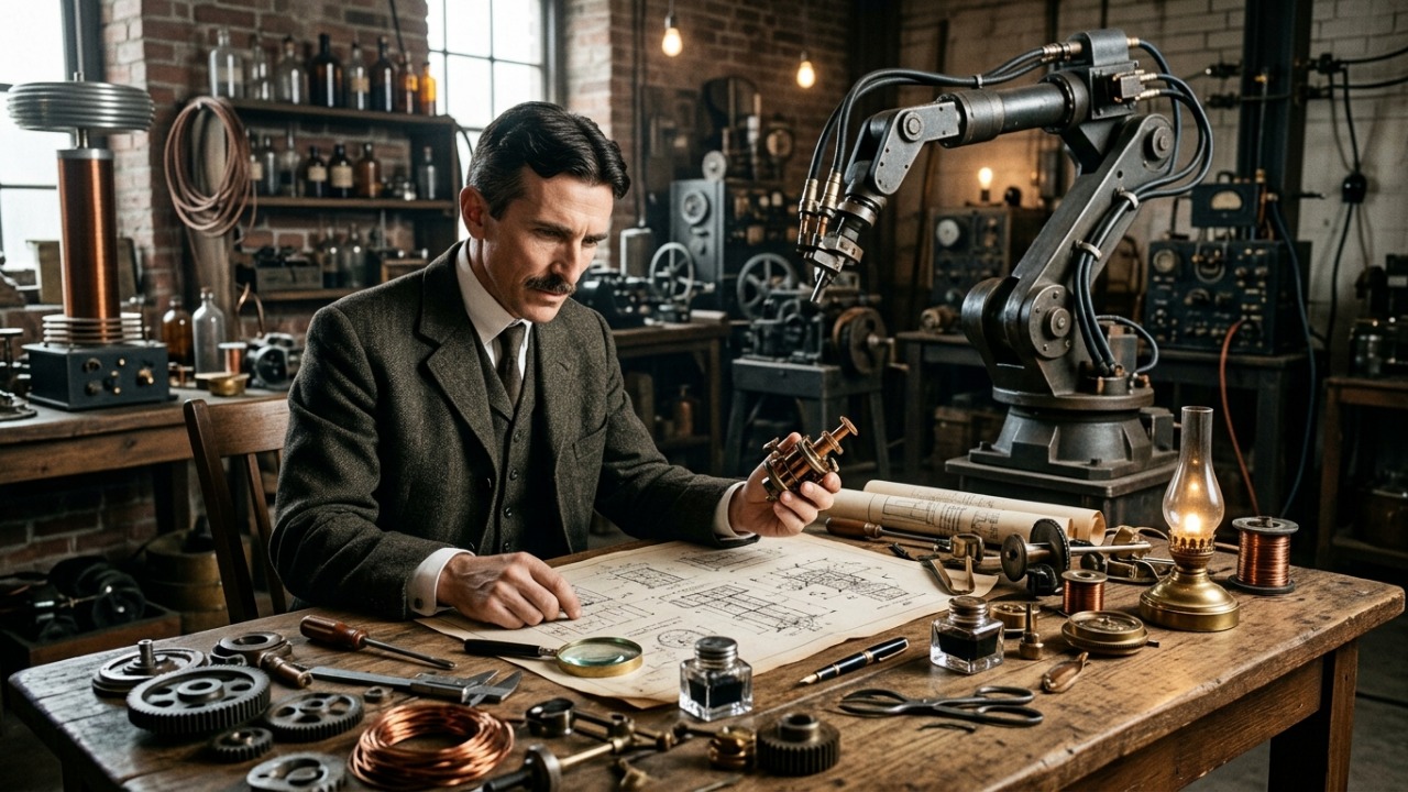 Frase de Nikola Tesla sobre o futuro: “No século 21, o robô ocupará o lugar do trabalho escravo.” A reflexão sobre tecnologia e humanidade