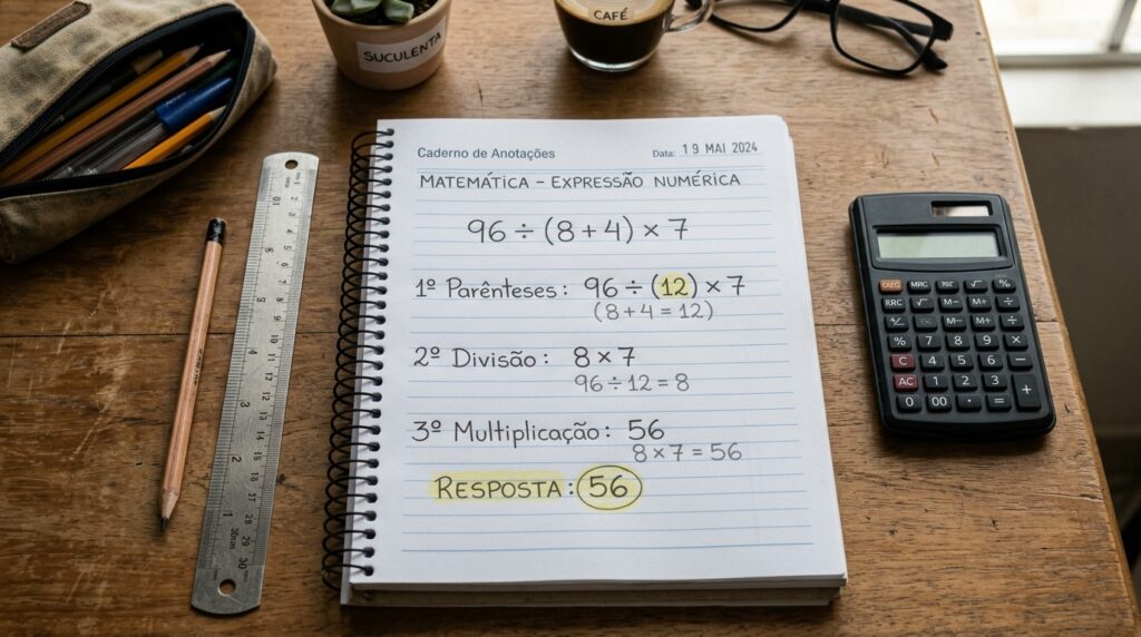 Quanto é 96 ÷ (8 + 4) × 7? Resolva em 37 segundos e sem calculadora