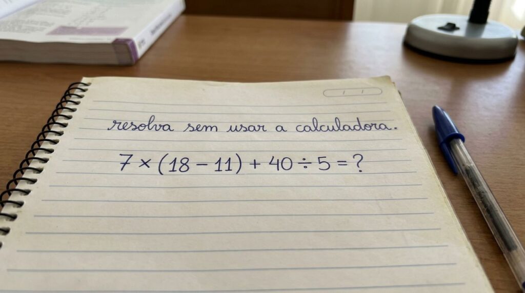 Sem usar a calculadora, você seria capaz de acertar 7 × (18 − 11) + 40 ÷ 5