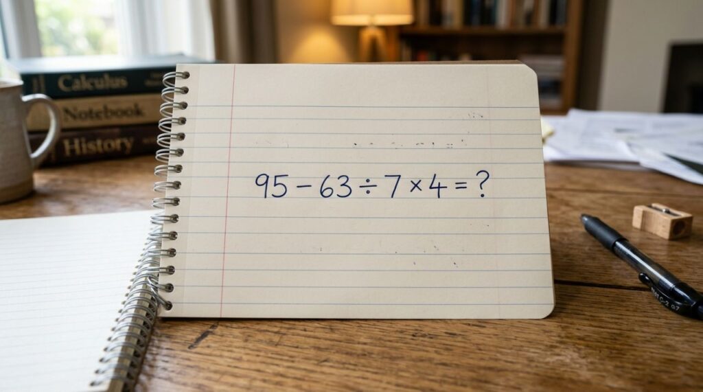 Você tem 30 segundos para descobrir o resultado de 95 – 63 ÷ 7 × 4