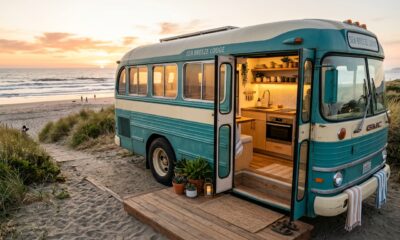 Mulher transforma ônibus abandonado em casa completa com cozinha, banheiro e quarto e realiza o sonho de morar perto da praia gastando pouco