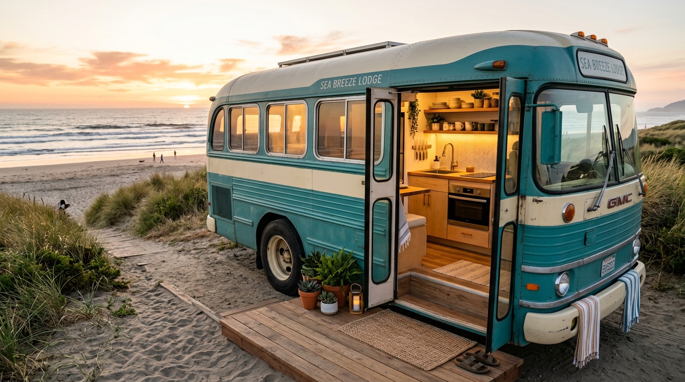 Mulher transforma ônibus abandonado em casa completa com cozinha, banheiro e quarto e realiza o sonho de morar perto da praia gastando pouco