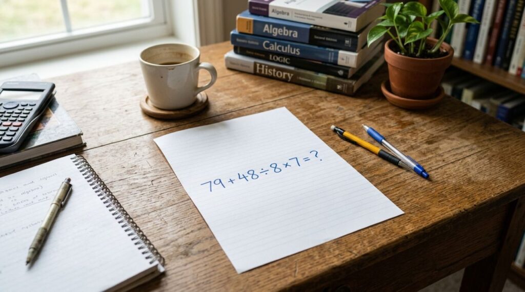 O desafio 79 + 48 ÷ 8 × 7 tem uma pegadinha que passa despercebida; você consegue acertar?
