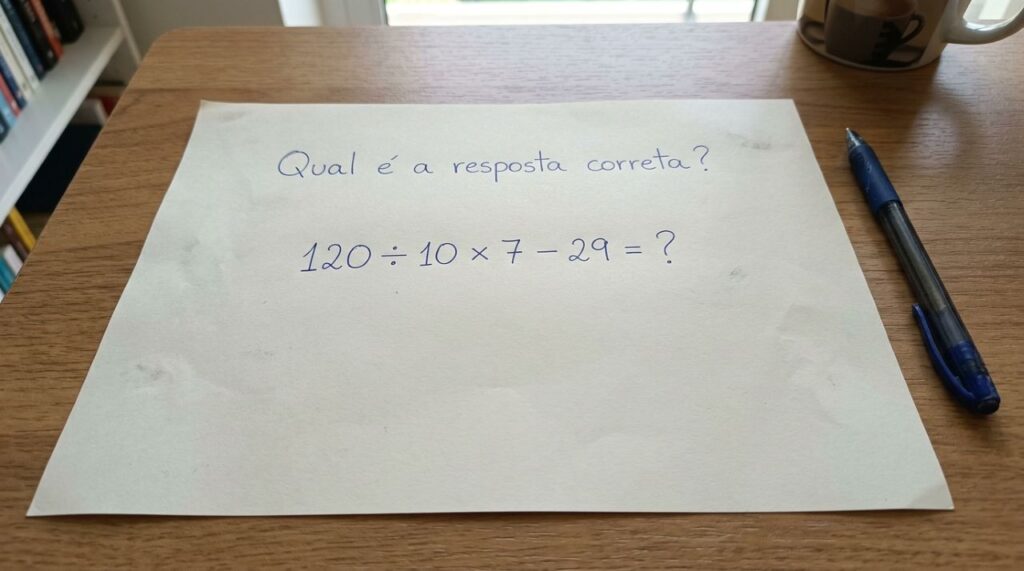 Sem usar calculadora, você consegue encontrar o resultado de 120 ÷ 10 × 7 – 29?