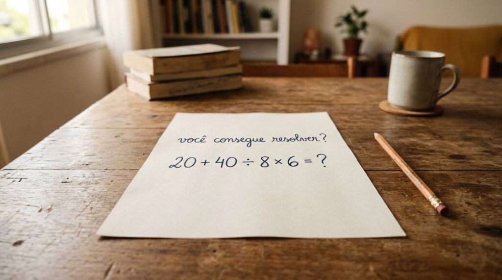 O cálculo 20 + 40 ÷ 8 × 6 parece fácil, mas poucos acertam de primeira