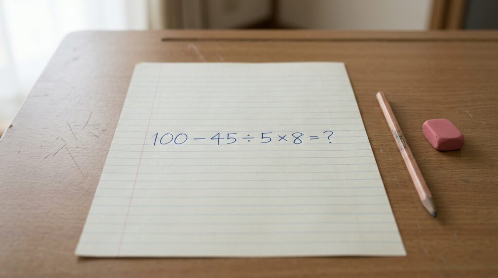 O cálculo 100 – 45 ÷ 5 × 8 parece simples, mas quase todo mundo se precipita