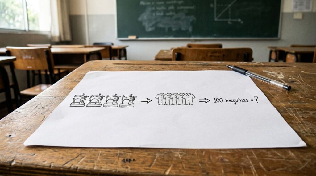Teste sua lógica: se 5 máquinas fazem 5 peças em 5 minutos, quanto levam 100 máquinas?