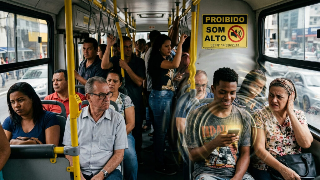 Passageiro assiste a vídeos em som alto dentro de ônibus municipal e motorista para o veículo para exigir a retirada do usuário com a guarda