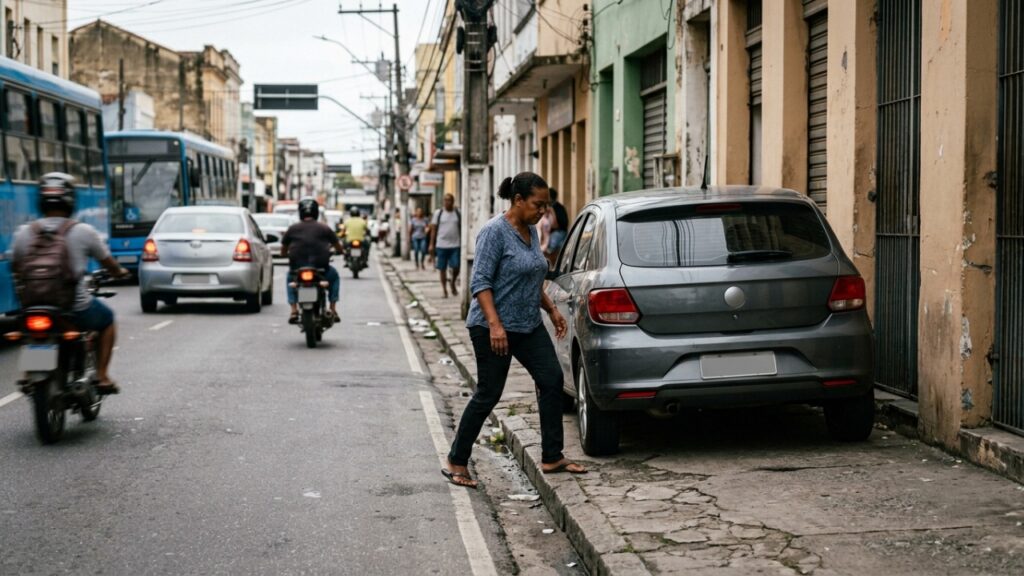 Motorista estaciona sobre a calçada para resolver assunto rápido, bloqueia a passagem de pedestres e acaba com multa de R$ 195 e 5 pontos na carteira