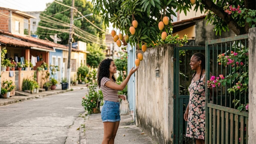 Homem colhe frutas de um galho que avançava sobre a calçada, mas morador aparece e diz que tudo ainda pertencia à árvore dentro do quintal