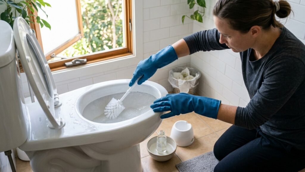 Coloque folhas de papel higiênico sob a borda do vaso e deixe agir: o truque que amolece a sujeira sem esfregar