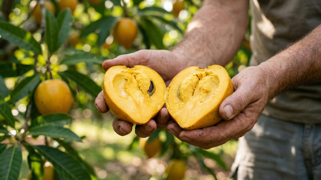 Essa fruta exótica parece um ovo cozido por dentro mas tem um sabor incrivelmente doce que lembra gema de ovo misturada com doce de leite