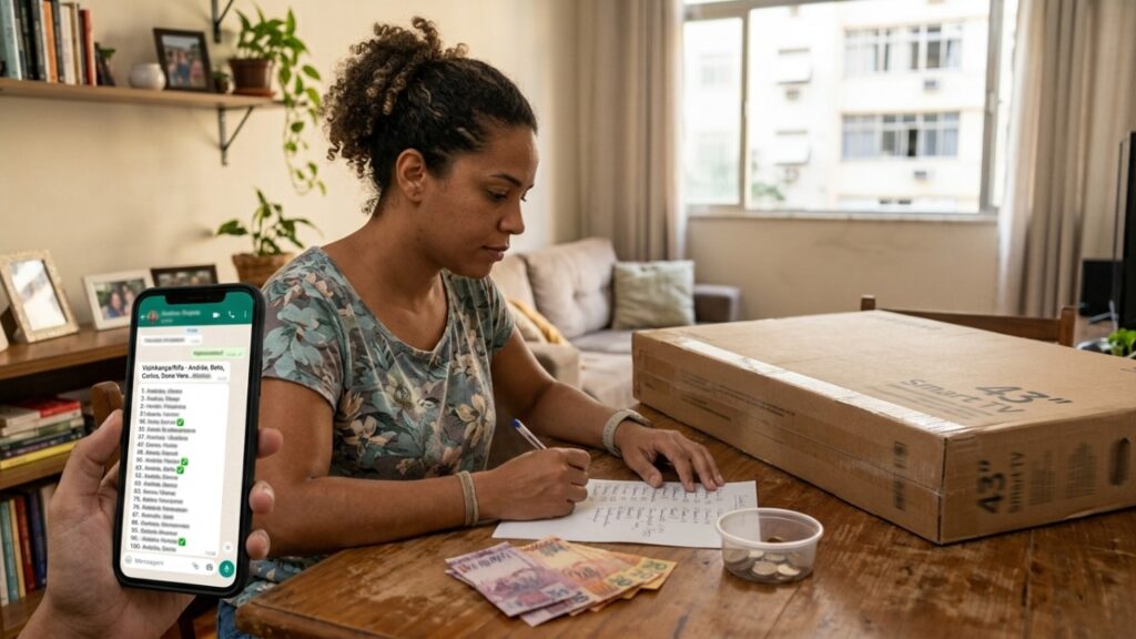 Mulher organiza rifa de uma televisão pelo WhatsApp, vende 500 números entre vizinhos e descobre que o sorteio pode ser irregular mesmo com prêmio entregue ao vencedor