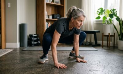 Caminhada do macaco o exercício sem equipamentos que trabalha pernas braços e mobilidade do quadril depois dos 50