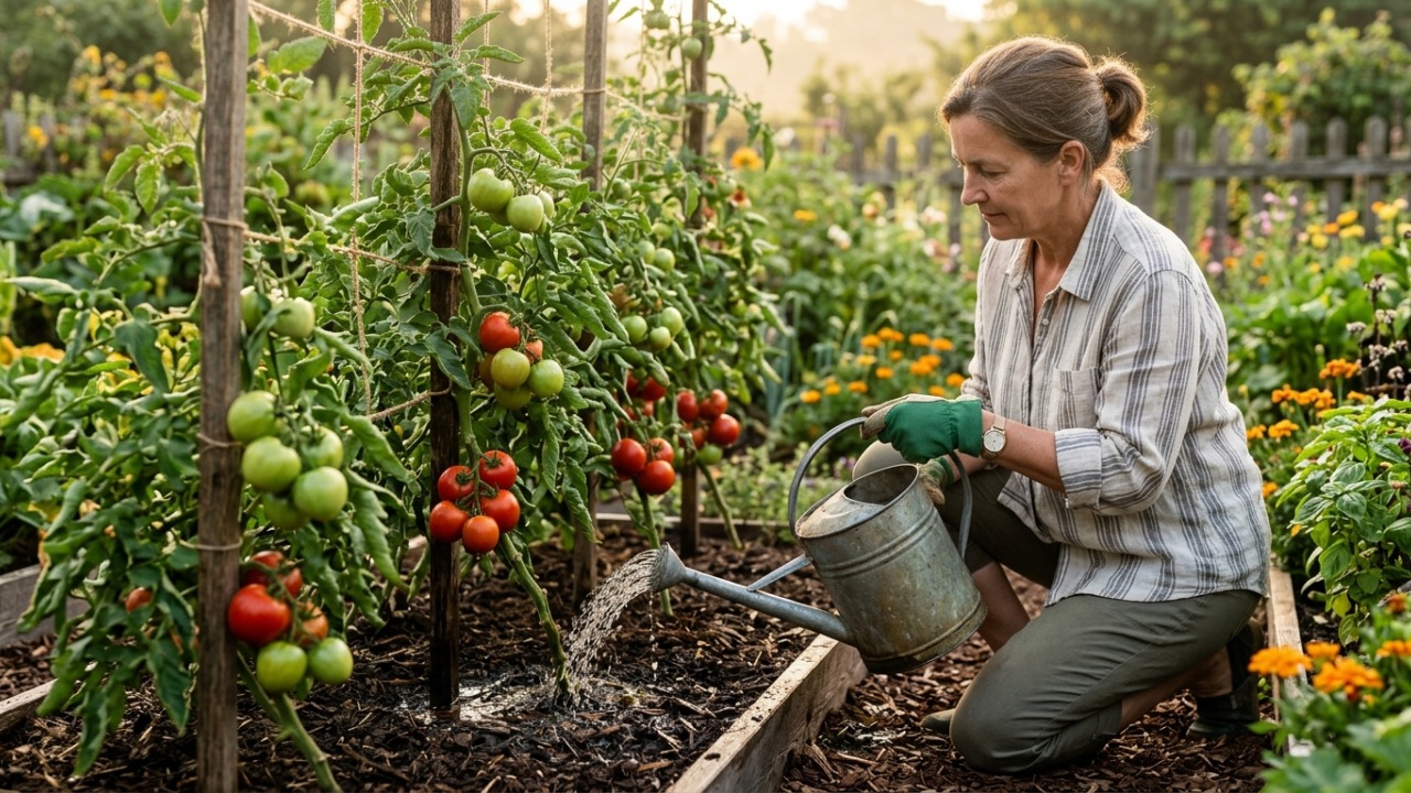 Este é o melhor horário para regar os tomateiros e evitar que a água prejudique as folhas e o desenvolvimento dos frutos
