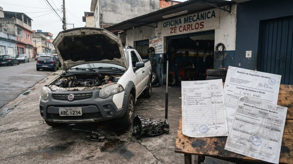 Feirante compra caminhonete usada por R$ 55 mil, financia em 48 vezes com parcela de R$ 1.500, e no segundo mês a embreagem e o câmbio cedem juntos, o conserto de R$ 9 mil apaga o lucro das feiras e ele descobre que o prazo do vício oculto só começa quando o defeito aparece