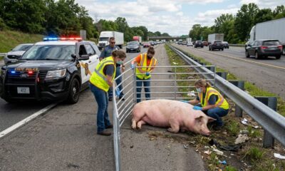 Polícia encontra uma porca enorme caída ao lado da rodovia e descobre por que ela estava ali