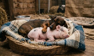 Dachshund encontra um leitão sozinho e o confunde com um de seus cachorrinhos