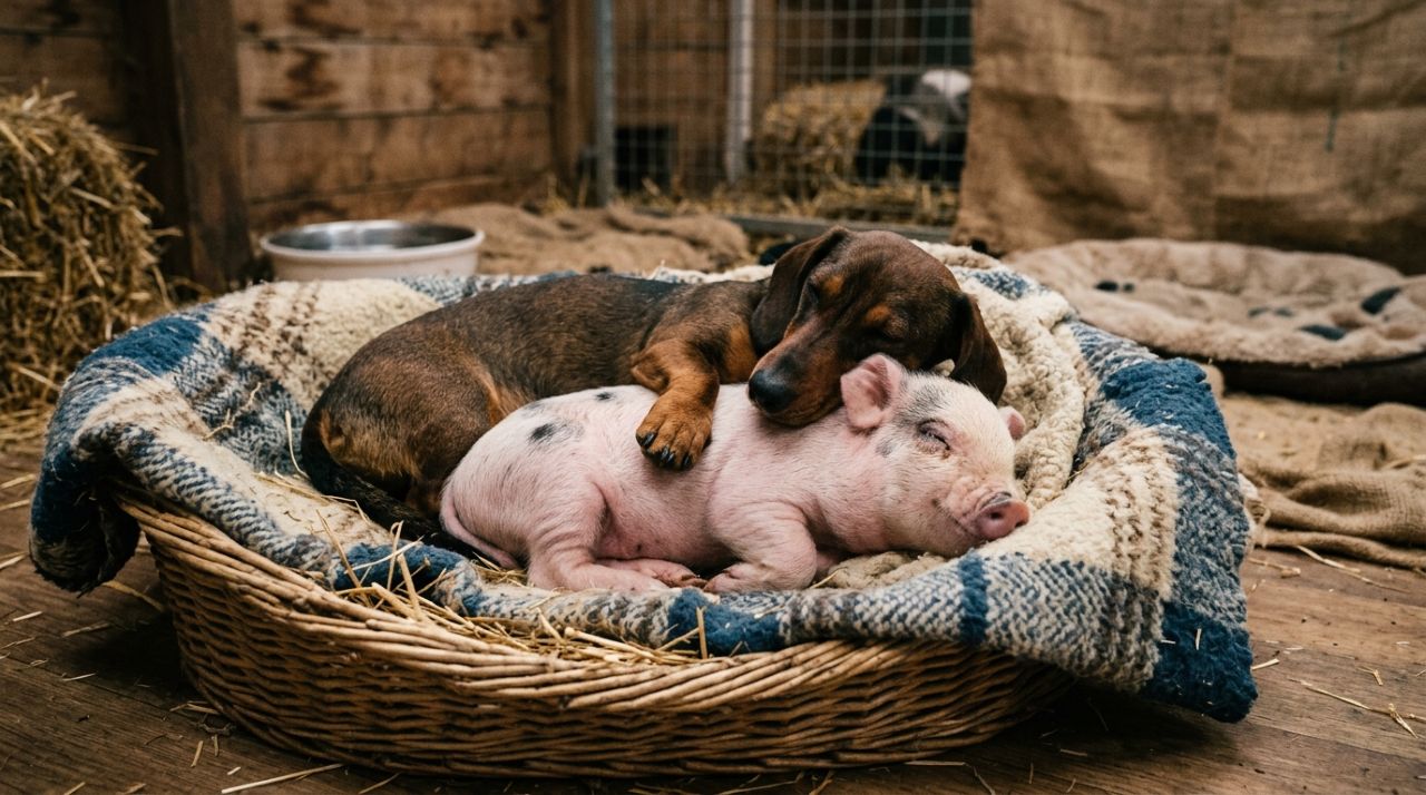 Dachshund encontra um leitão sozinho e o confunde com um de seus cachorrinhos