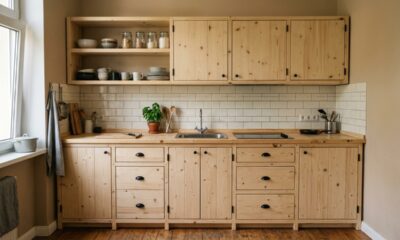 Ela usou madeira de pinus para construir um armário de cozinha completo com portas, gavetas e prateleiras, gastando pouco