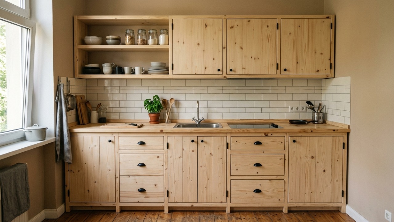 Ela usou madeira de pinus para construir um armário de cozinha completo com portas, gavetas e prateleiras, gastando pouco