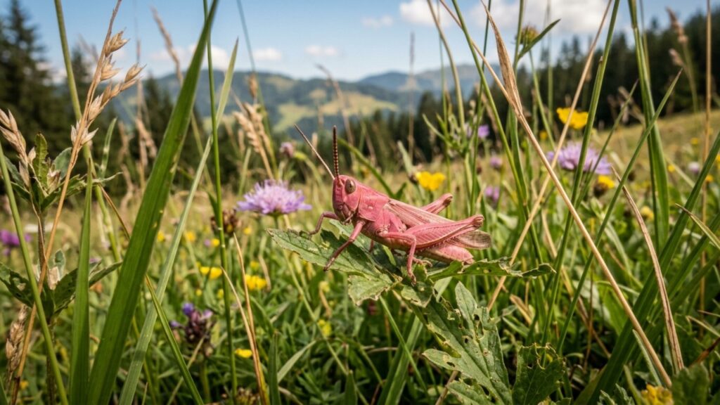 Gafanhoto rosa chama atenção em descoberta rara e mostra como uma mutação pode transformar a aparência de um inseto