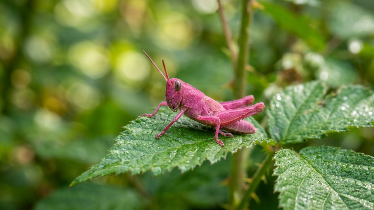 Gafanhoto rosa chama atenção em descoberta rara e mostra como uma mutação pode transformar a aparência de um inseto