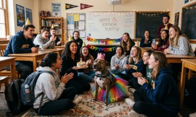 Cão de terapia fica radiante quando os alunos cantam “Parabéns pra você” para ela