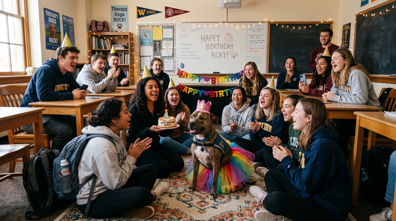 Cão de terapia fica radiante quando os alunos cantam “Parabéns pra você” para ela