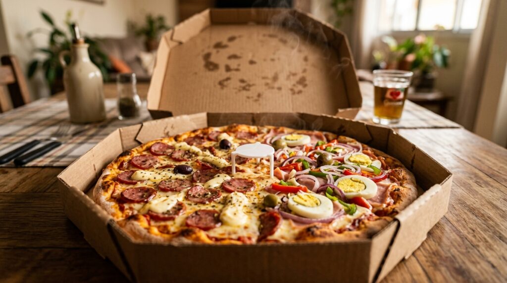 Para que serve o pequeno suporte de plástico que vem dentro da caixa da pizza