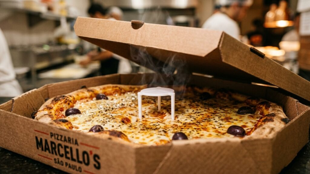 Por que toda caixa de pizza tem uma pequena peça de plástico no centro e qual é sua verdadeira função