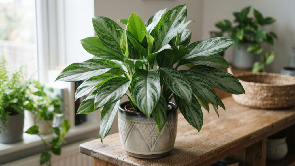 Essa folhagem exótica de tons vermelhos e rosas é ideal para escritórios e sobrevive perfeitamente em ambientes fechados com pouca luz