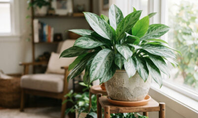 Essa folhagem exótica de tons vermelhos e rosas é ideal para escritórios e sobrevive perfeitamente em ambientes fechados com pouca luz