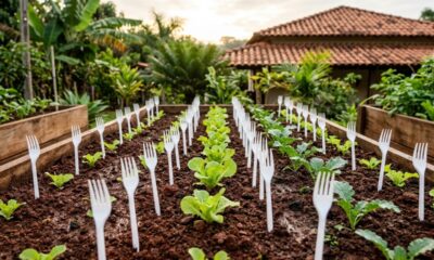 Nem espantalho nem produto caro: por que jardineiros estão espetando garfos de plástico na horta