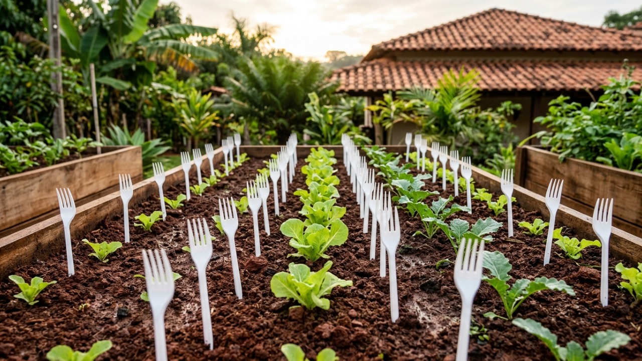 Nem espantalho nem produto caro: por que jardineiros estão espetando garfos de plástico na horta