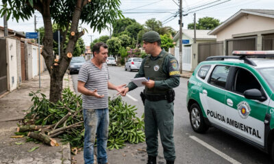 Morador corta galhos de árvore na própria calçada para liberar fios de luz e acaba denunciado à polícia sob acusação de crime ambiental
