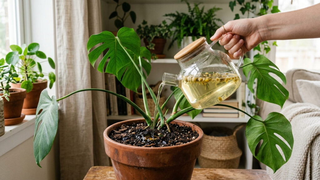 Regar a terra do vaso com chá de camomila frio: a técnica que cura plantas tombadas e mata os fungos invisíveis que apodrecem a raiz