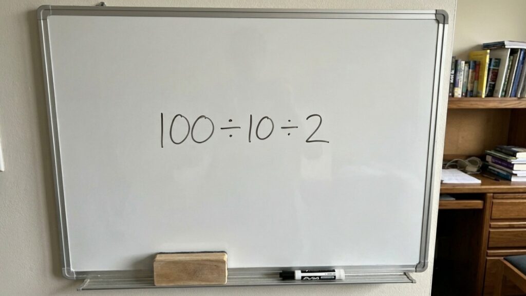 A expressão 100 ÷ 10 ÷ 2 parece óbvia, mas derruba quem resolve com pressa