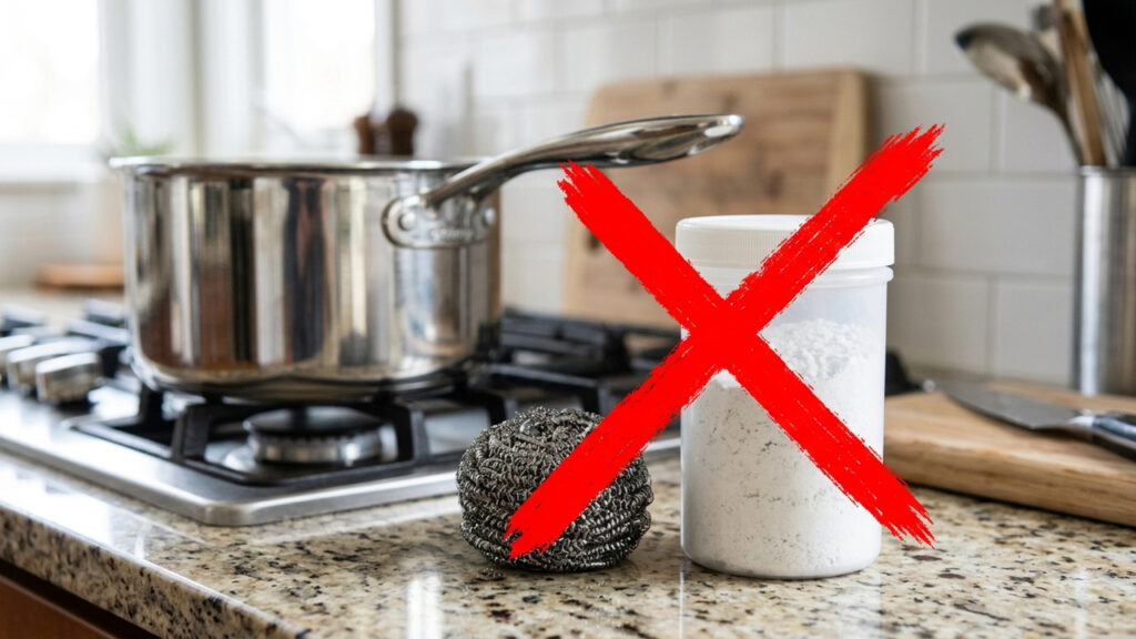 Sem palha de aço abrasiva, nem saponáceo: o truque simples para limpar o fundo das panelas de inox e tirar aquele tom amarelado de queimado
